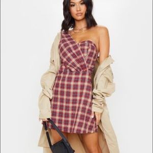 One Shoulder Red Plaid Dress NWT